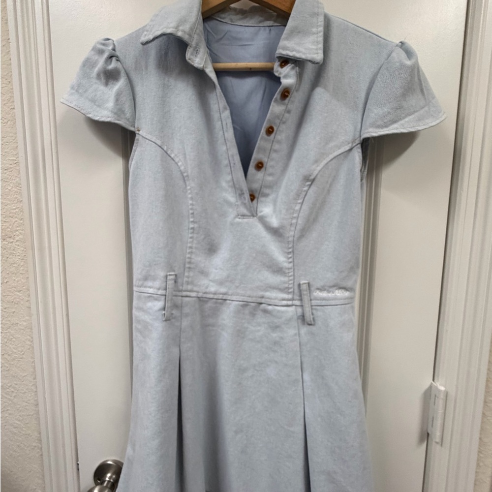 Light Wash Denim Short Sleeve Fit-and-Flare Dress